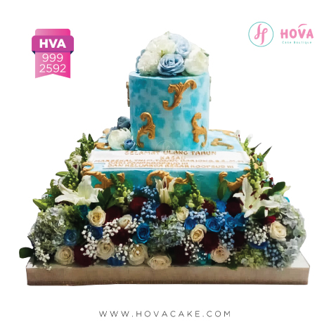 Birthday Cake Blue with Flowers untuk Birthday Cake for Adult
